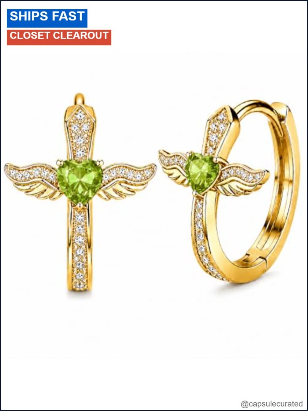 Gold-plated Cross Angel Wings Hoop Earrings with Red Heart Birthstone & Cubic